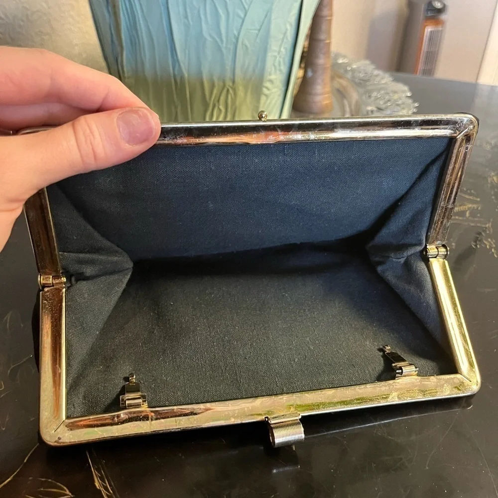 Vintage 70s Dainty Black Silk Clutch with Gold Hardware Classic 10